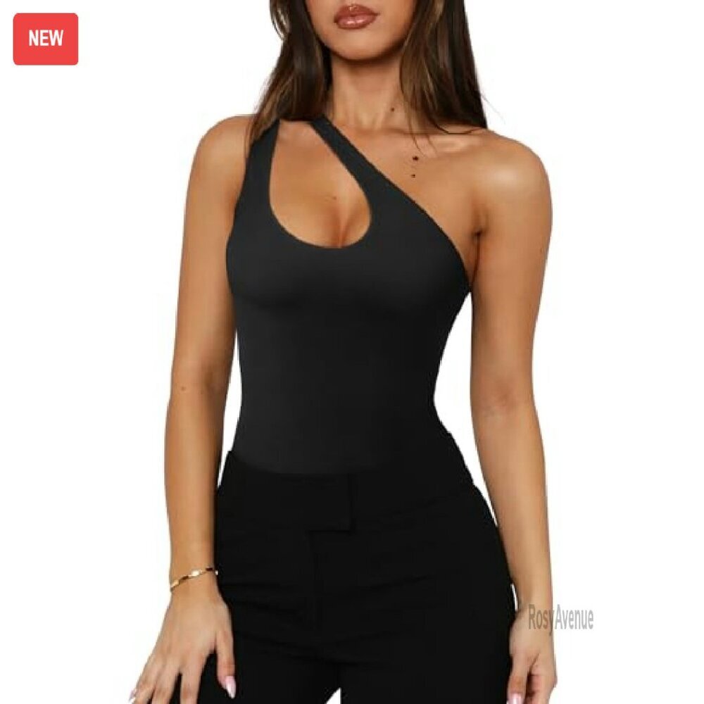 One Shoulder Plunge V Backless Bodysuit Tank Top Slimming Double Lined - Picture 4 of 8